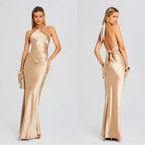 Retrofete Ester Satin Maxi Dress Halter Open Back Nude